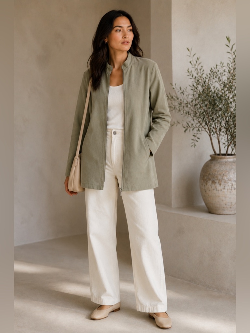 Eileen Fisher Olive Green Long Line Utility Zip‎ Front Cotton Jacket